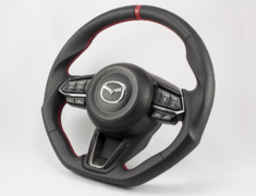 Axela - BM5FP - Type: D-Shape - Material: Leather/Carbon Panel - Color: Black/Red Line - Diameter: 380mm x 370mm - Stitch: Red - MD03C