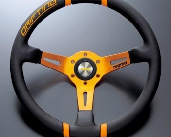 Universal - Material: Leather - Color: Black - Spoke Color: Orange - Diameter: 350mm - Depth: 85mm - Stitch: Orange - 350/85mm - Orange/Orange