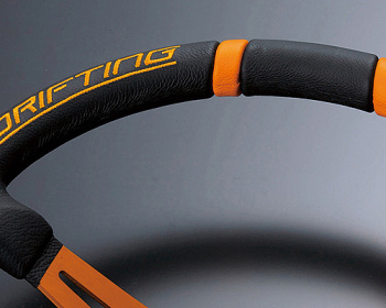 Universal - Material: Leather - Color: Black - Spoke Color: Orange - Diameter: 350mm - Depth: 85mm - Stitch: Orange - 350/85mm - Orange/Orange
