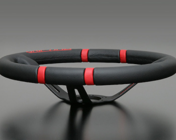 Universal - Material: Leather - Color: Black - Spoke Color: Black - Diameter: 350mm - Depth: 85mm - Stitch: Red - 350/85mm - Black/Red