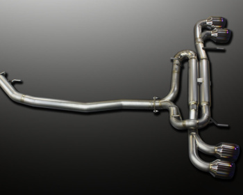GT-R - R35 - Material: Titanium/Super Titanium - Pieces: 2 - Pipe Size: 80mm to 70mm (x2) to 80mm (x2) to 70mm (x2) - Tail Size: 130mm (x4) - MINES-RCMR35