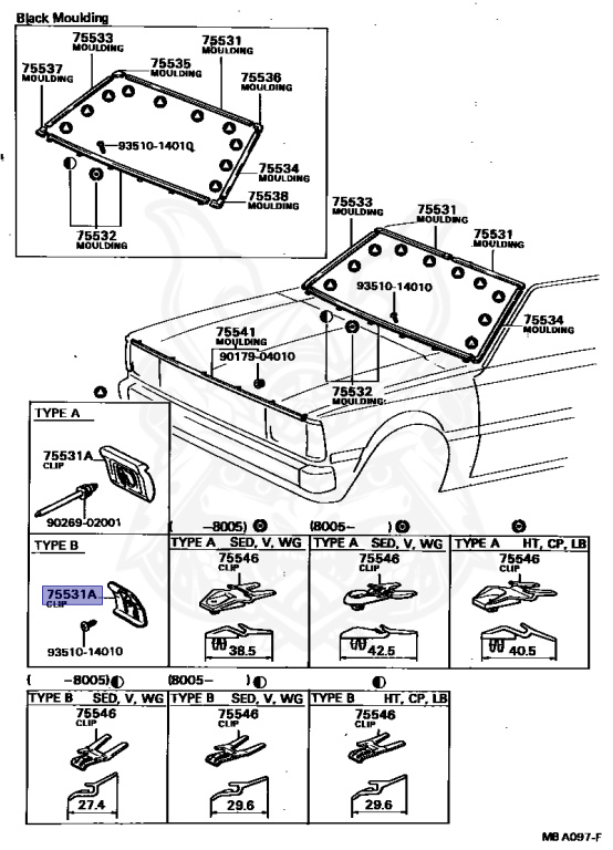 75545-30040 - Toyota - Clip, Windshield Moulding Set, No.1
