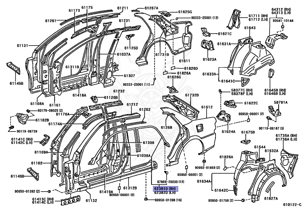 62381-22080 - Toyota - Weatherstrip, Roof Side Rail, Rh