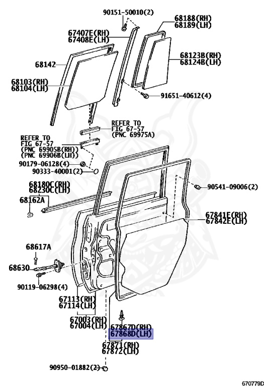 67868-22020 - Toyota - Retainer, Rear Door Weatherstrip, Rh
