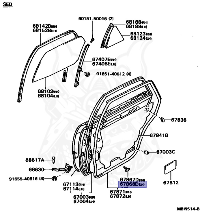 67868-22020 - Toyota - Retainer, Rear Door Weatherstrip, Rh