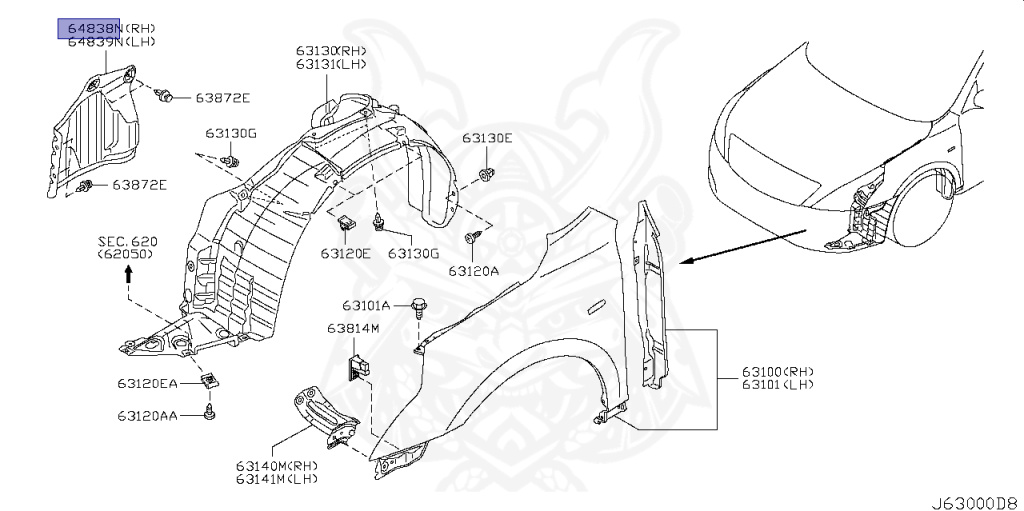64838-1AA0A - Nissan - HOOD LEDGE SPLASH GUARD, RH - Nengun