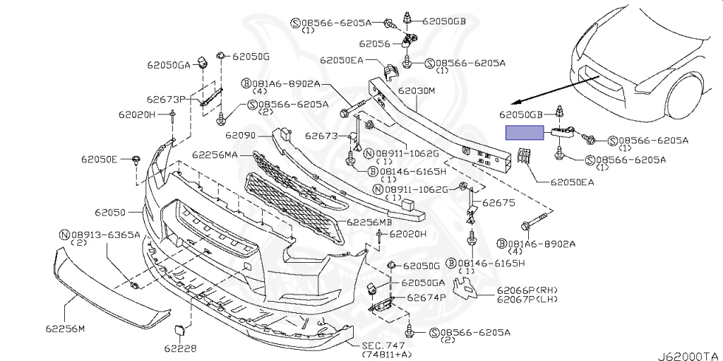 あページ 62059-JF01A - Nissan - Front Bumper Side Stiffener, Left - Nengun