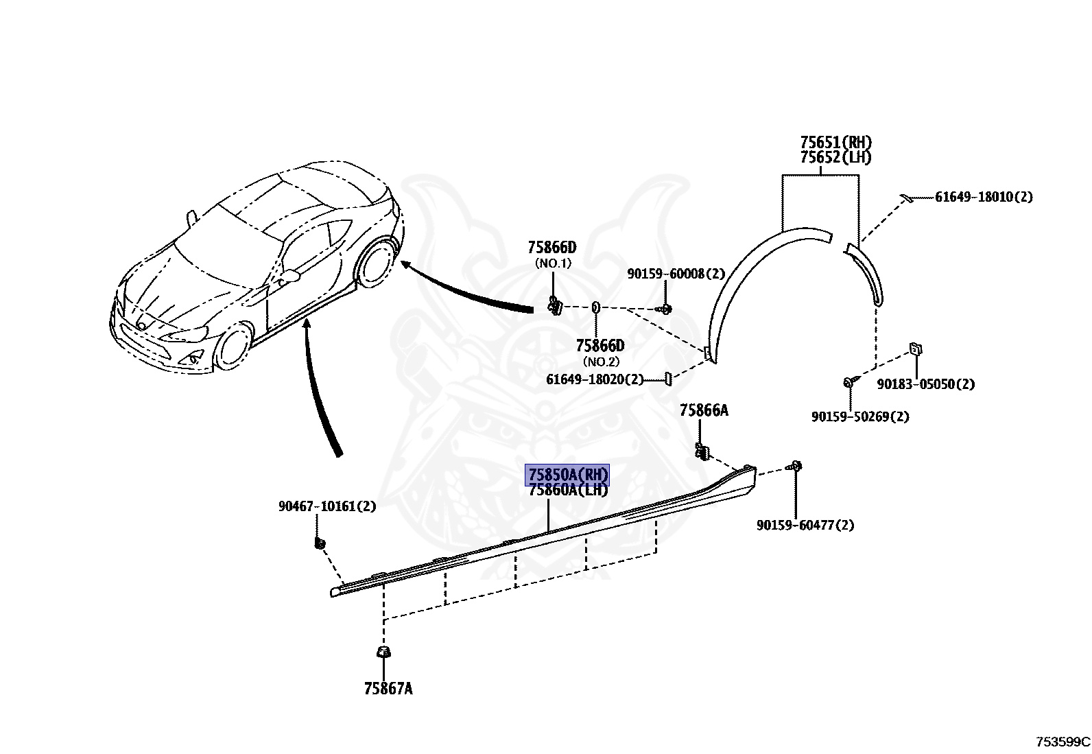 75850-18020 - Toyota - Moulding Assy, Body Rocker Panel, Rh